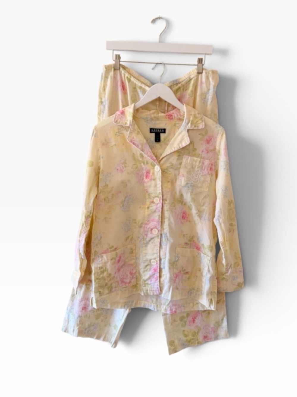 Lauren Ralph Lauren Blue Yellow Pink Floral Embroidered pajama set SZ M #2670